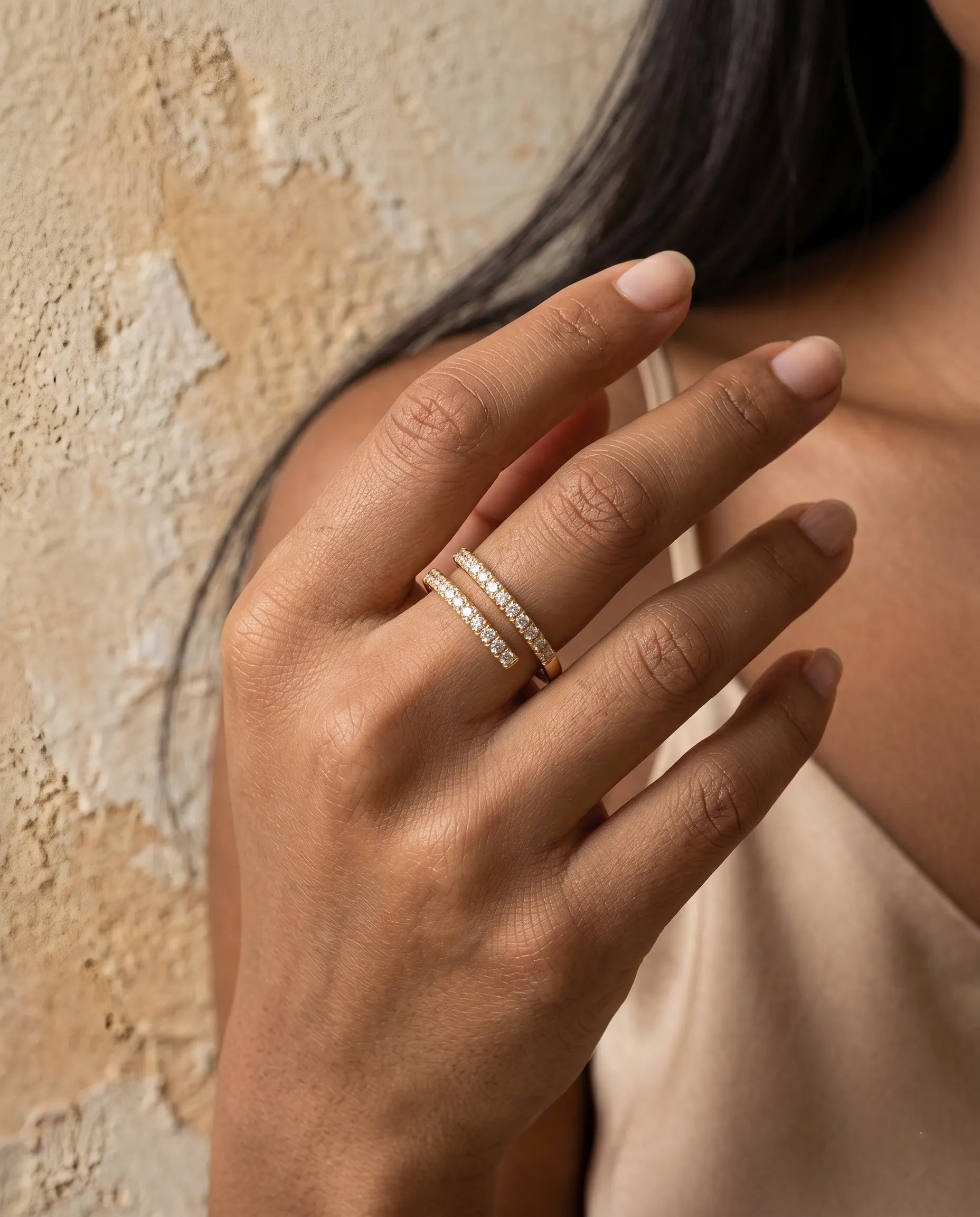 closeup-hand-view-model-wearing-silver-cleo-pave-ring, glowing-elegant-daily-wear-silver-jewelry-europe, luxury-women-professional-jewelry, feminine-architectural-adjustable-ring