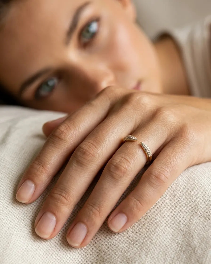 closeup-hand-view-model-wearing-silver-tear-pave-ring, glowing-elegant-daily-wear-silver-jewelry-europe, luxury-women-professional-jewelry, feminine-architectural-adjustable-ring
