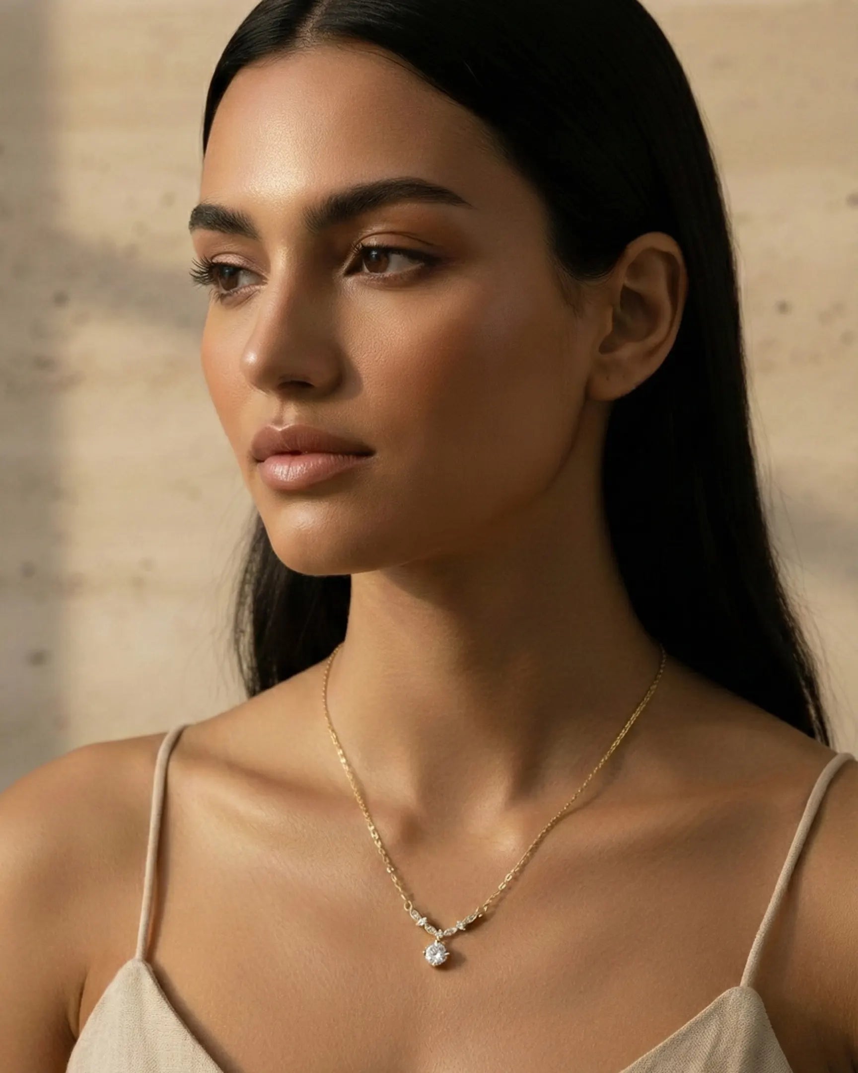 model-wearing-gold-antonietta-drop-necklace, elegant-bold-magnetic-jewelry-lifestyle, professional-women-luxury-accessories, chic-zirconia-lariat-styling, luxury-lifestyle-brand-model