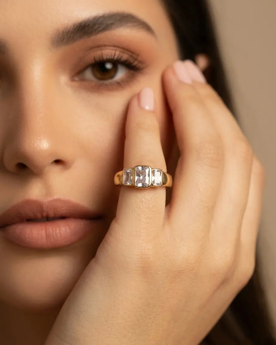 model-wearing-gold-beam-wide-band-ring-lifestyle, elegant-modern-architectural-jewelry-on-hand, professional-women-luxury-accessories, chic-gold-statement-ring-styling, luxury-lifestyle-brand-model