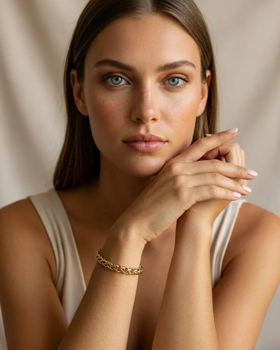 model-wearing-gold-berge-link-bracelet-lifestyle, elegant-modern-textured-jewelry-on-wrist, professional-women-luxury-accessories, chic-gold-statement-bracelet-styling, luxury-lifestyle-brand-model