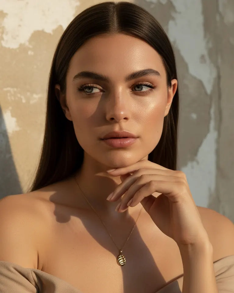 model-wearing-gold-coralia-shell-necklace, elegant-summer-statement-jewelry-lifestyle, professional-women-vacation-style, chic-minimalist-accessories-for-beachwear, luxury-lifestyle-brand-photography, premium-shell-pendant-model-shot