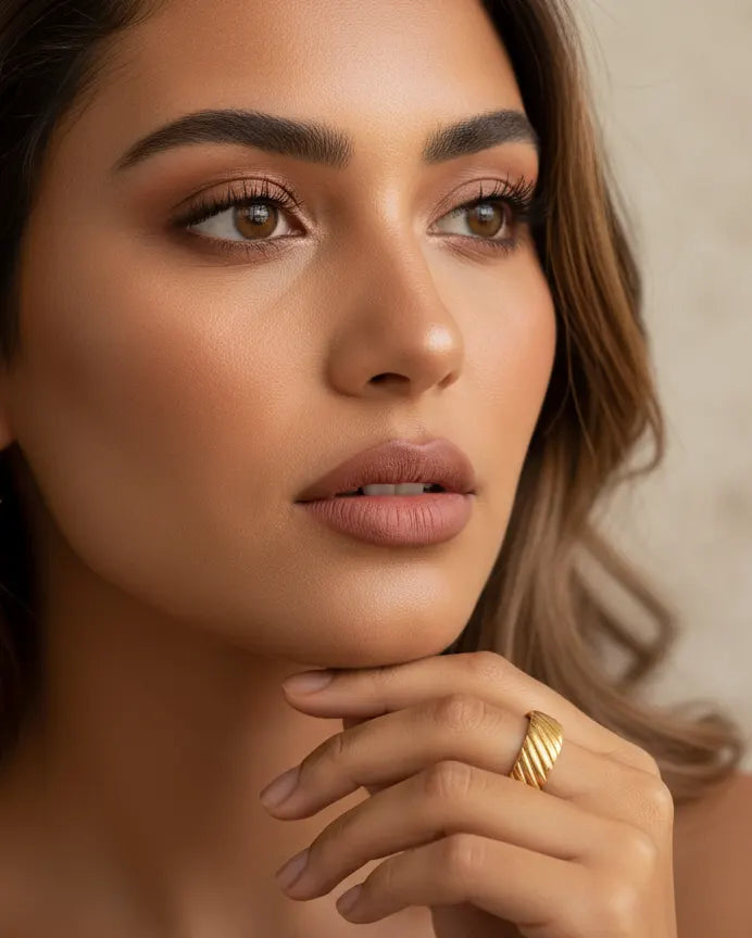 model-wearing-gold-eva-adjustable-ring, elegant-statement-jewelry-lifestyle, professional-women-jewelry-style, chic-minimalist-accessories-for-daily-wear, luxury-lifestyle-brand-photography, premium-jewelry-model-shot