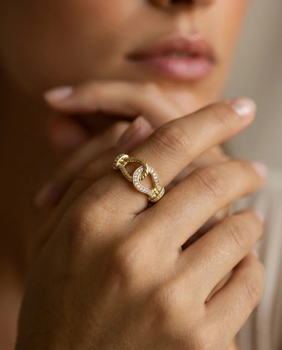 model-wearing-gold-knot-ring-lifestyle-minimalist, elegant-modern-feminine-jewelry-on-hand, professional-women-luxury-accessories, chic-gold-vermeil-styling, luxury-lifestyle-brand-model