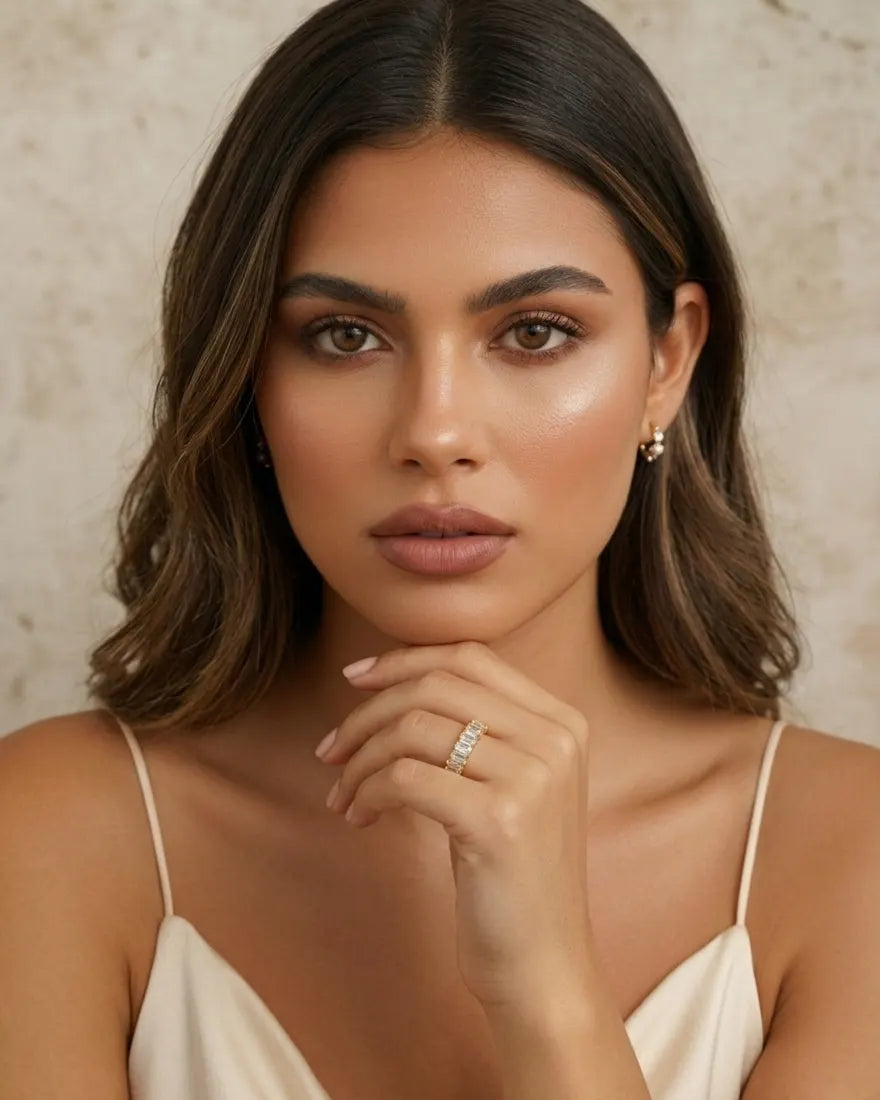 model-wearing-gold-laylin-baguette-ring, elegant-statement-jewelry-lifestyle, professional-women-luxury-accessories, chic-minimalist-jewelry-photography, luxury-lifestyle-brand-model