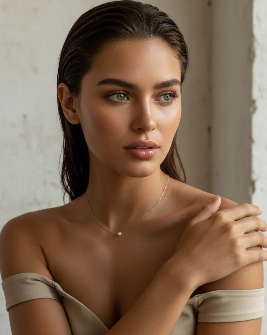 model-wearing-gold-marni-pearl-necklace, elegant-minimalist-jewelry-lifestyle, professional-women-pearl-accessories, chic-modern-pearl-necklace-photography, luxury-lifestyle-brand-model, premium-pearl-pendant-on-neck