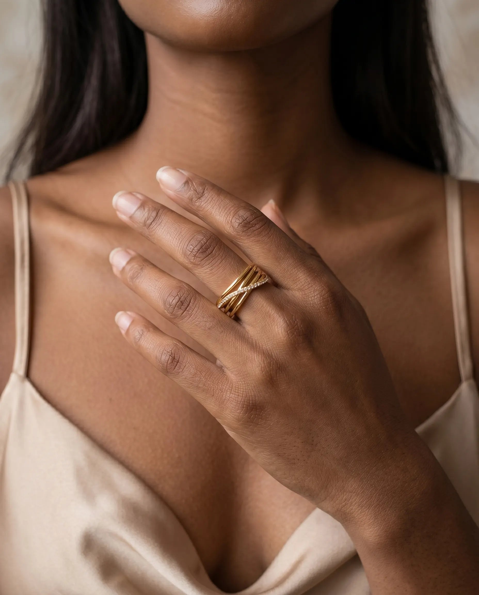model-wearing-gold-morella-chain-link-ring-lifestyle, elegant-modern-sovereign-jewelry-on-hand, professional-women-luxury-accessories, chic-zirconia-statement-ring-styling, luxury-lifestyle-brand-model