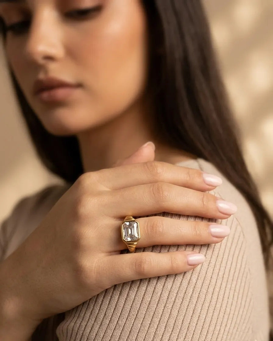 model-wearing-gold-nala-band-ring-lifestyle, elegant-understated-everyday-luxury-jewelry, professional-women-minimalist-accessories, chic-gold-band-ring-photography, luxury-lifestyle-brand-model