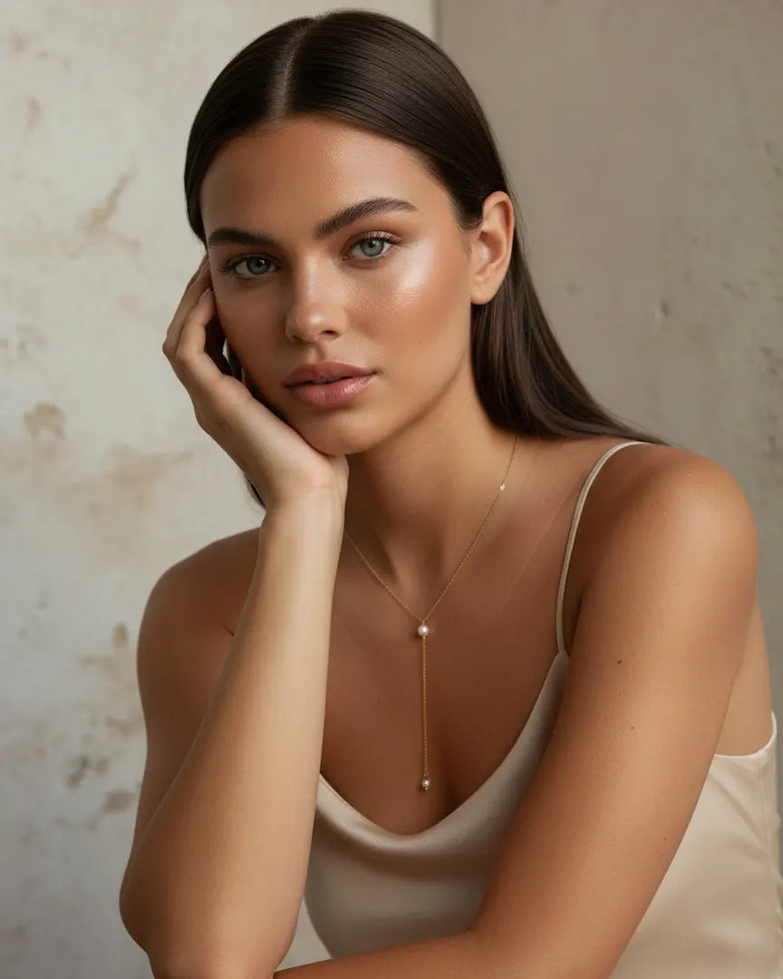 model-wearing-gold-pacifica-pearl-lariat, elegant-statement-jewelry-lifestyle, professional-women-jewelry-style, chic-minimalist-accessories-for-evening-wear, luxury-lifestyle-brand-photography, premium-pearl-necklace-model-shot