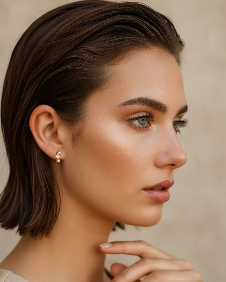 model-wearing-gold-pearl-hoop-earrings, elegant-feminine-jewelry-lifestyle, dainty-pearl-drop-earrings-on-ear, professional-women-pearl-jewelry, luxury-lifestyle-brand-photography, chic-minimalist-accessories-model