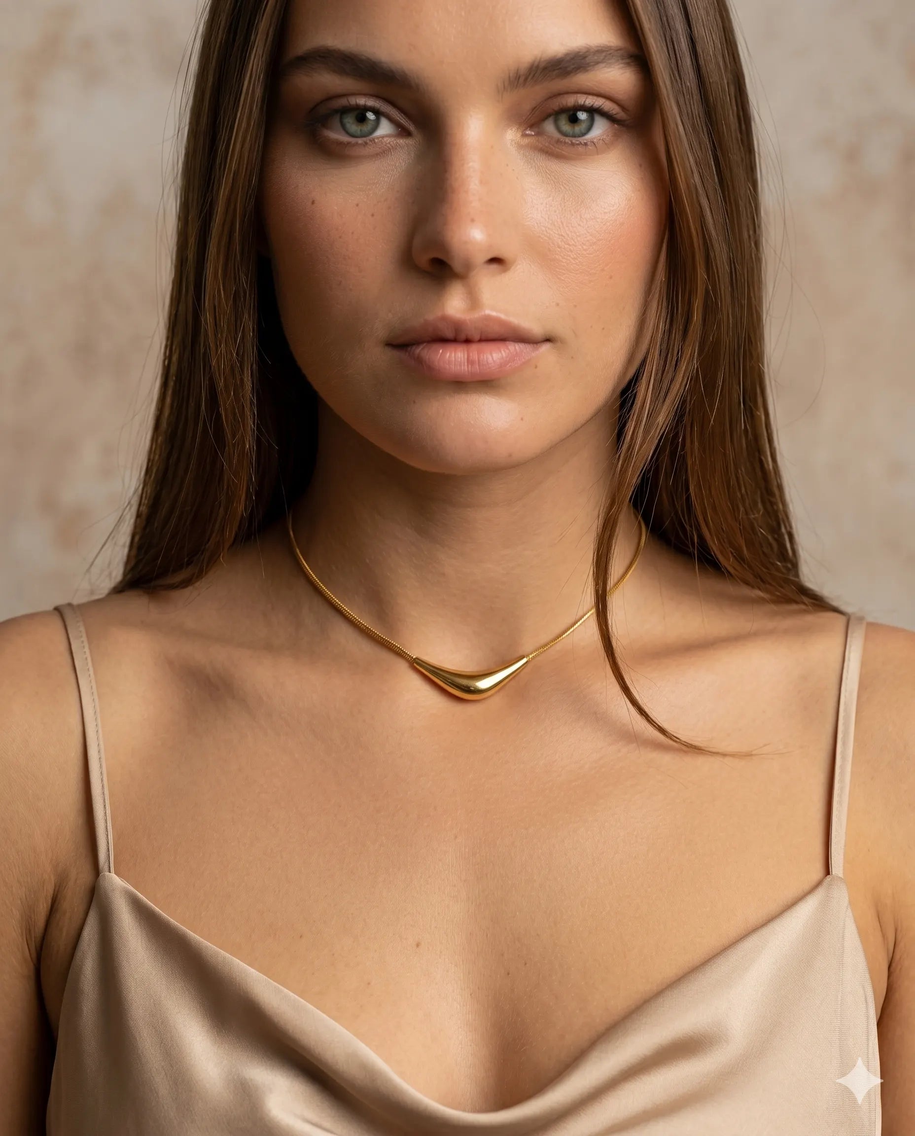 model-wearing-gold-prestige-arc-necklace-lifestyle, elegant-modern-feminine-jewelry-on-neck, professional-women-luxury-accessories, chic-gold-sculptural-pendant-styling, luxury-lifestyle-brand-model