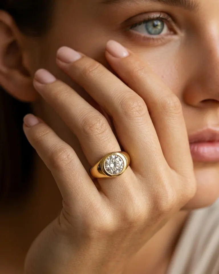 model-wearing-gold-span-baguette-ring-lifestyle, elegant-modern-bold-jewelry-on-hand, professional-women-luxury-accessories, chic-emerald-cut-crystal-ring-styling, luxury-lifestyle-brand-model