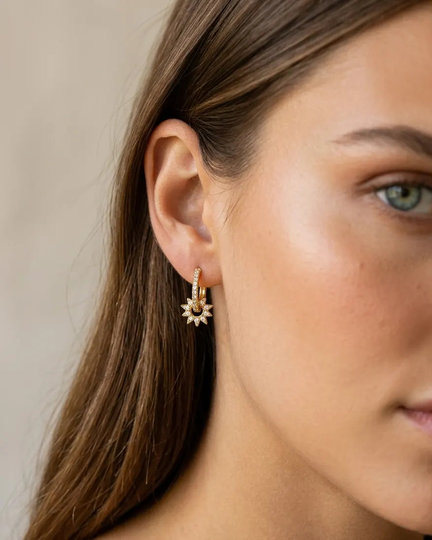 model-wearing-gold-sunlight-sunburst-huggie-earrings-lifestyle, elegant-modern-feminine-jewelry-on-ear, professional-women-luxury-accessories, chic-celestial-gold-styling, luxury-lifestyle-brand-model