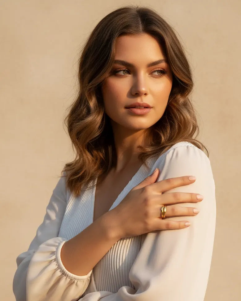 model-wearing-lauren-ring-set-lifestyle, elegant-understated-elegance-jewelry, professional-women-luxury-accessories, chic-minimalist-ring-stack-photography, luxury-lifestyle-brand-model