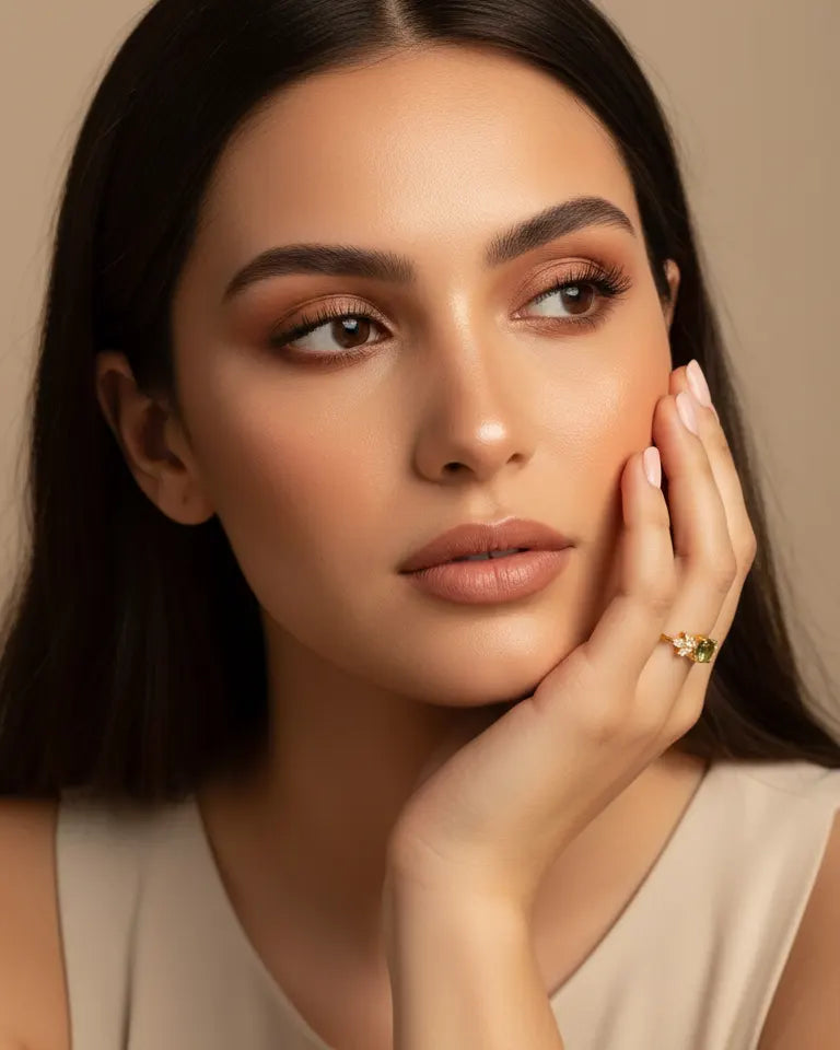 model-wearing-leona-green-ring-gold-plated, elegant-statement-jewelry-lifestyle, professional-women-jewelry-style, chic-minimalist-accessories-for-special-occasions, luxury-lifestyle-brand-photography, premium-jewelry-model-shot