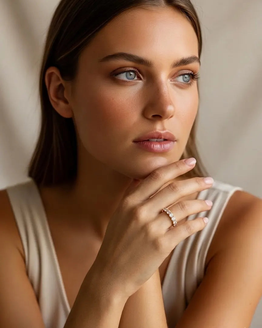 model-wearing-silver-lady-eternity-band-lifestyle, elegant-modern-feminine-jewelry-on-hand, professional-women-luxury-accessories, chic-classic-silver-styling, luxury-lifestyle-brand-model