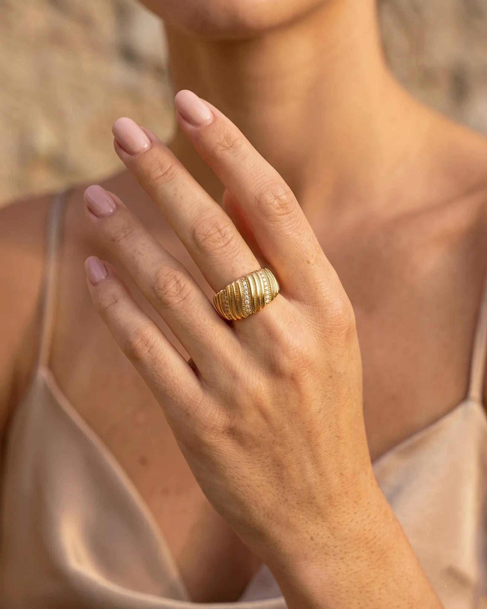 model-wearing-the-kenza-textured-adjustable-ring-showcasing-bold-sculptural-design-and-perfect-fit-minimalist-styling