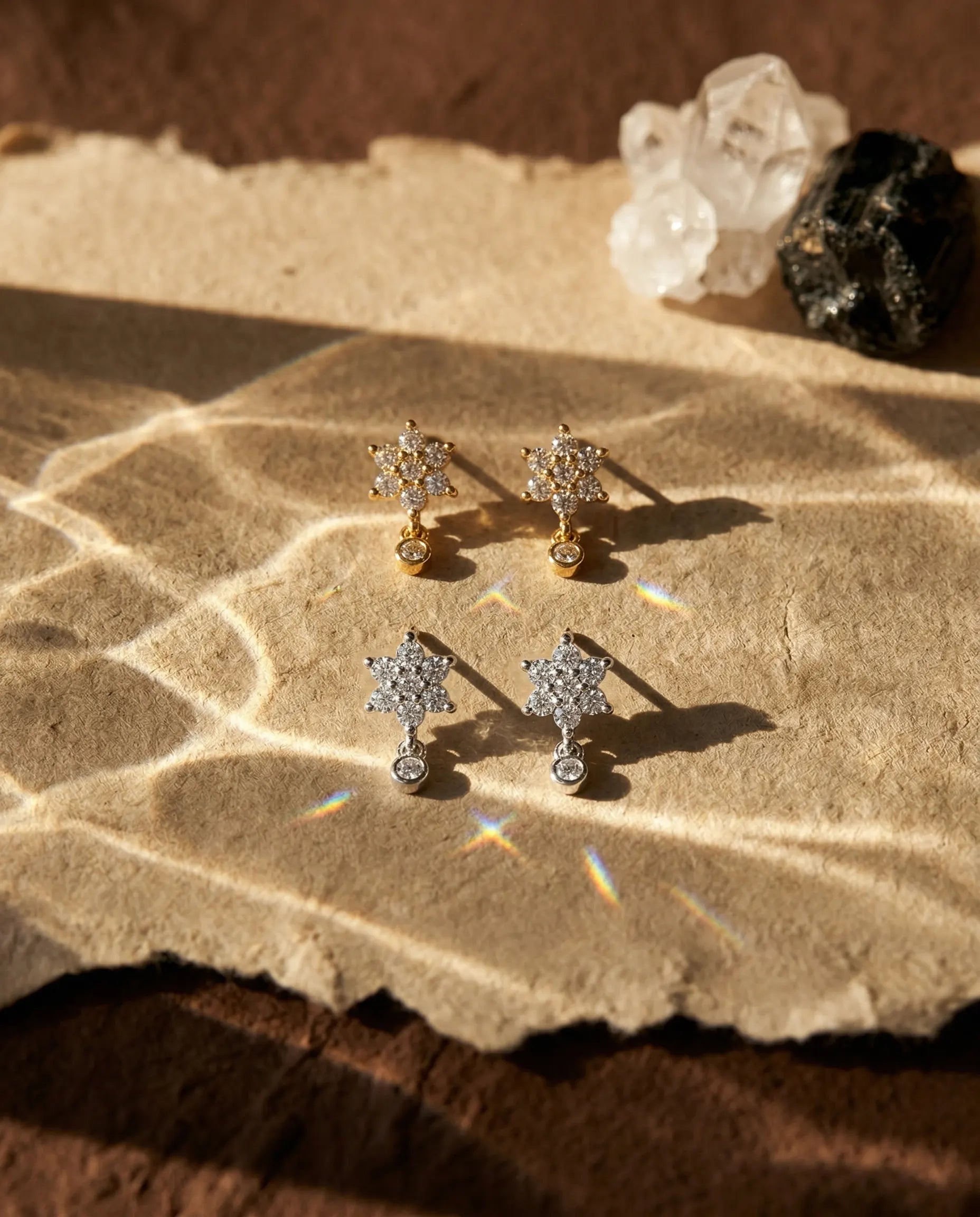 timeless-bold-aesthetic-sakura-flower-crystal-drops-gold-silver, 18k-gold-plating-finish-detail-organic-earrings, gift-ideas-for-women-elegant-gold-jewelry, luxury-boutique-jewelry-styling-europe