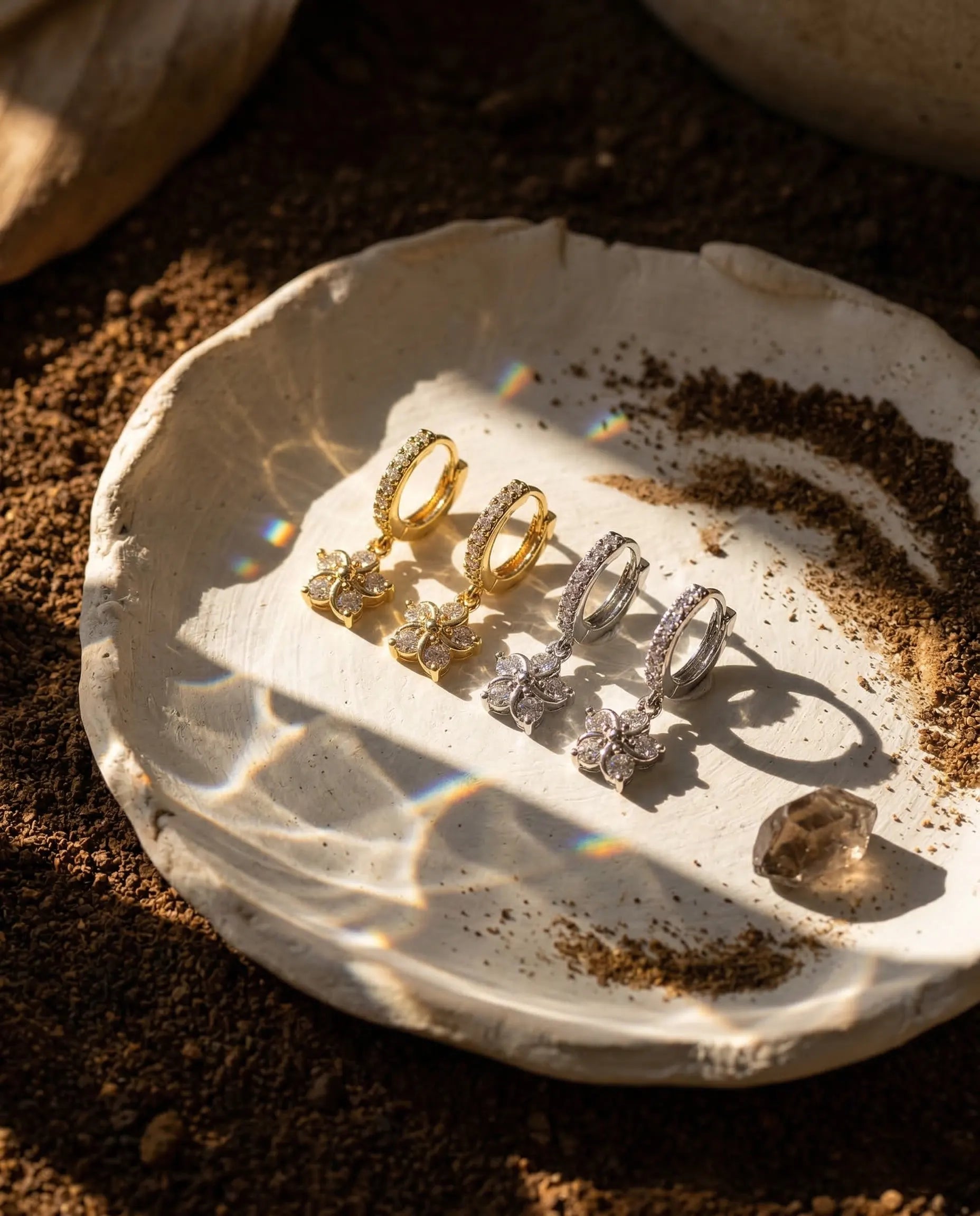 timeless-celestial-aesthetic-marie-sparkling-earrings-gold-silver, 18k-gold-finish-detail-flower-drops, gift-ideas-for-women-floral-jewelry, luxury-boutique-jewelry-netherlands, artistic-jewelry-flatlay-photography