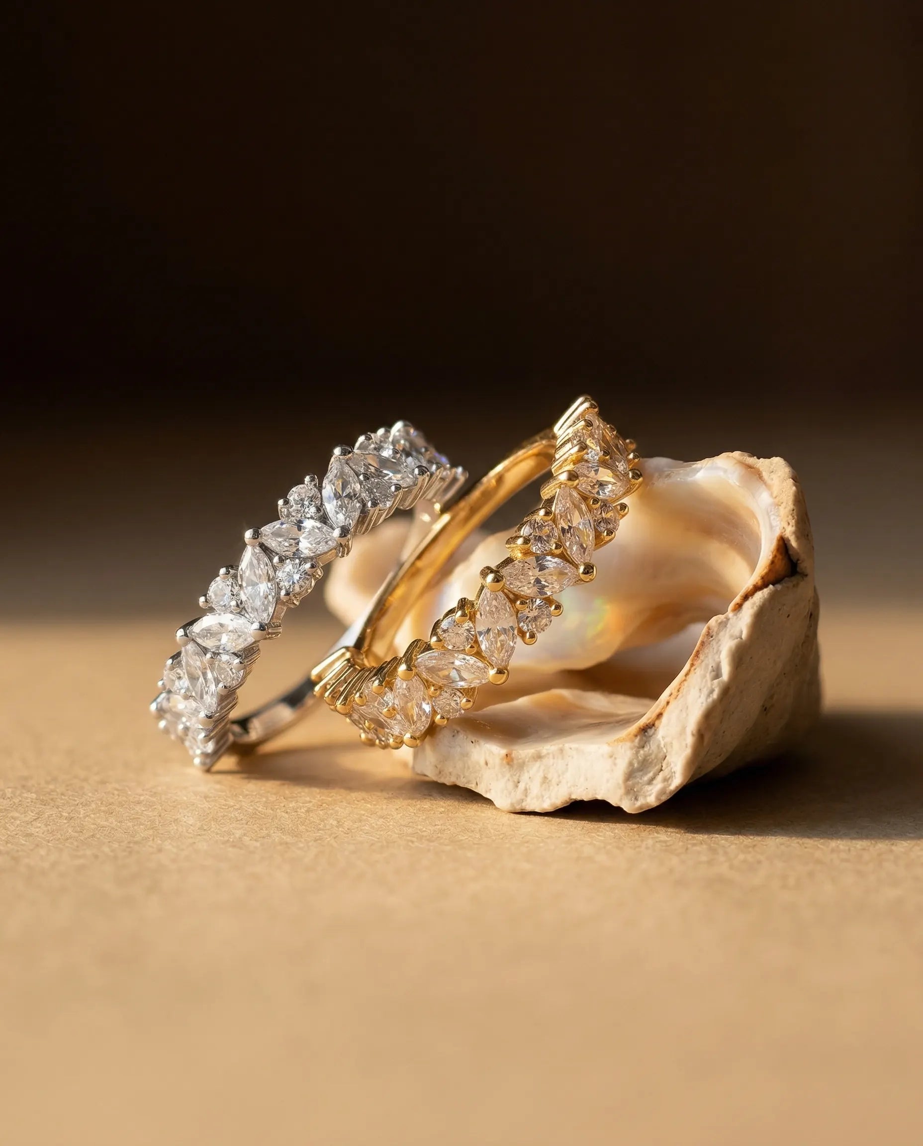 timeless-romantic-aesthetic-castel-sparkling-marquise-ring, 18k-gold-plating-finish-detail-eternity-band, gift-ideas-for-women-elegant-gold-jewelry, luxury-boutique-jewelry-netherlands, artistic-jewelry-flatlay-photography