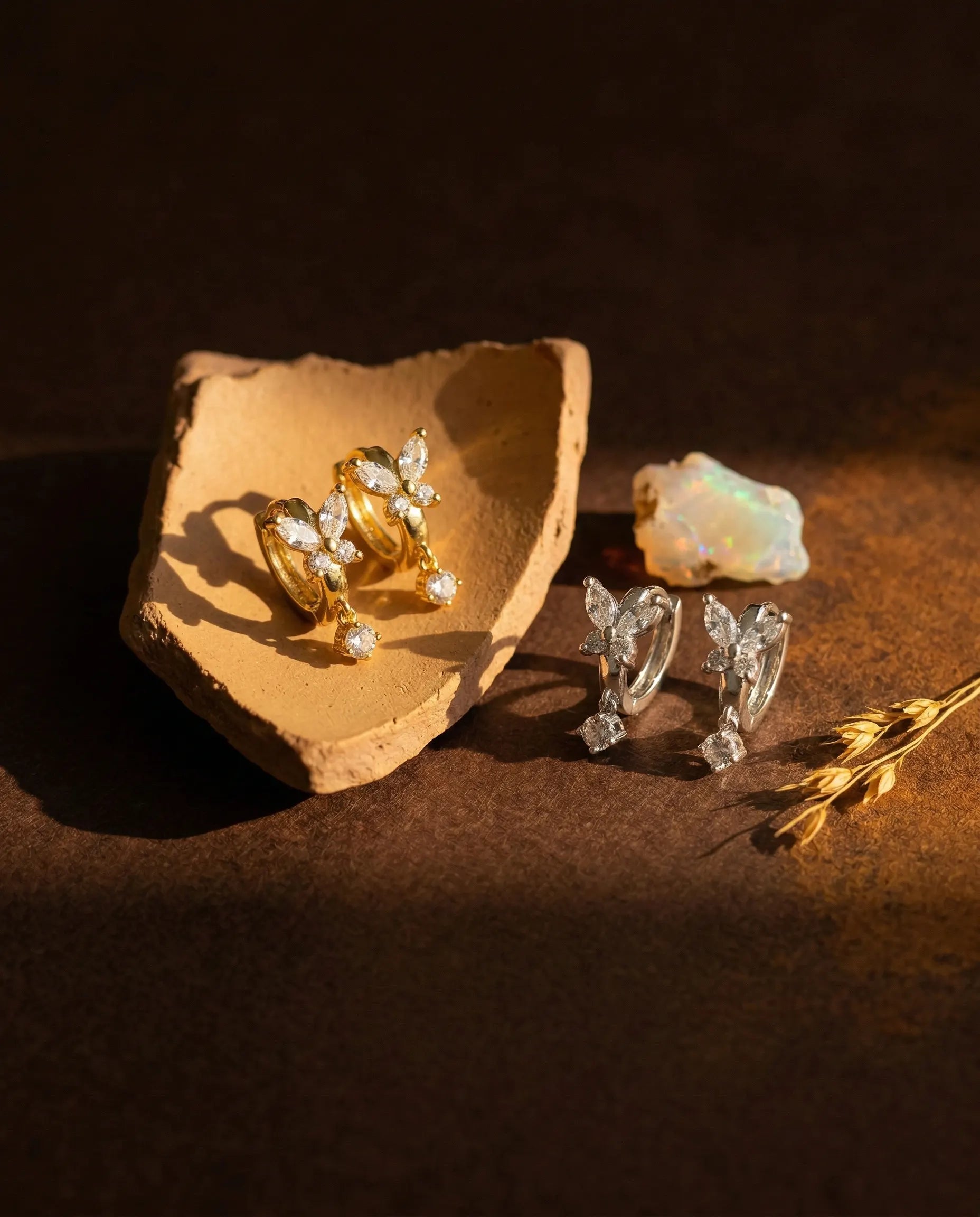timeless-sparkling-butterfly-earrings-modern-aesthetic, 925-sterling-silver-detail-chiara-drops, gift-ideas-for-women-delicate-jewelry, luxury-boutique-jewelry-netherlands, artistic-jewelry-flatlay-photography