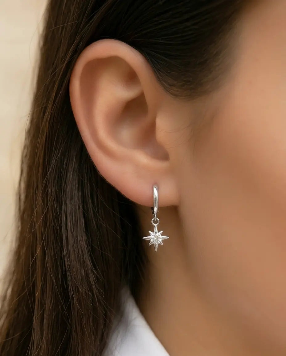 versatile-daily-wear-silver-star-huggies, effortless-elegance-jewelry-style, minimalist-accessories-for-office-wear, classy-925-silver-celestial-earrings, high-shine-stardust-collection-earrings