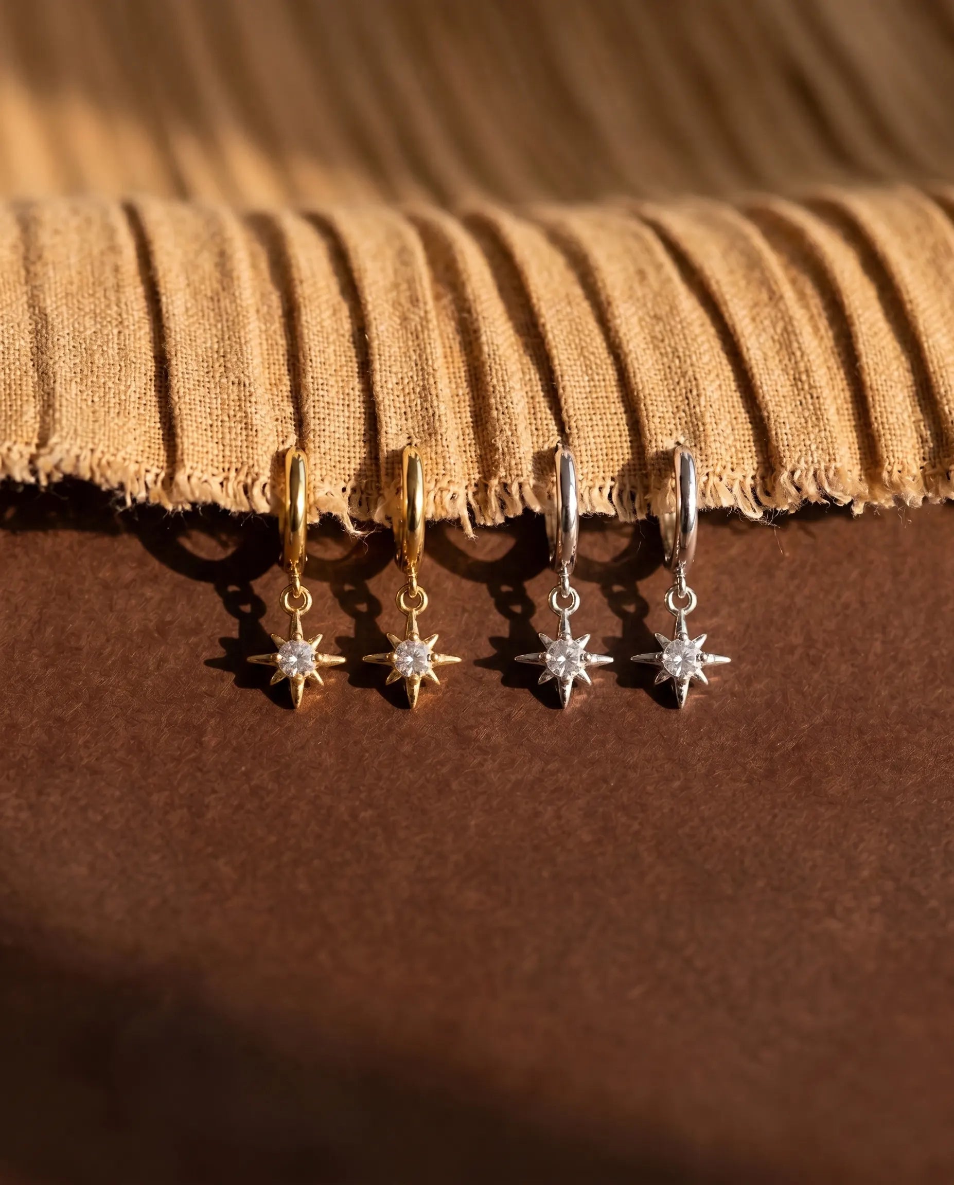 durable-tarnish-free-star-huggie-earrings, eight-pointed-north-star-detail-jewelry, high-quality-18k-gold-plated-silver, anti-allergy-sterling-silver-earrings, refined-jewelry-collection-germany