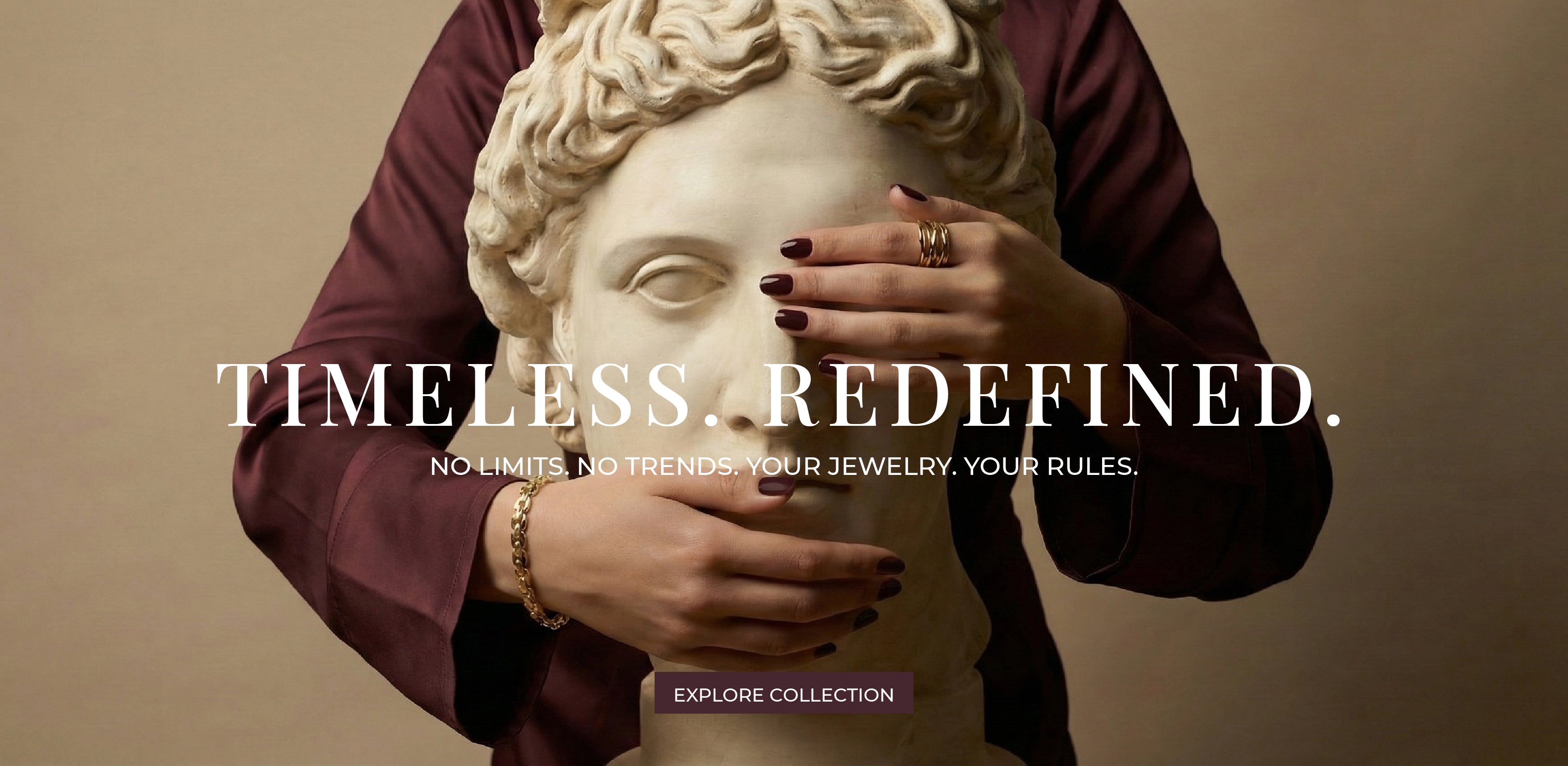 Senya Jewelry brand hero banner featuring classical statue and model wearing waterproof gold jewelry, Timeless Redefined campaign.