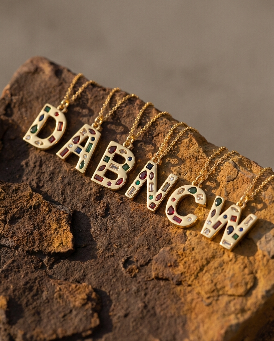 bold-alphabet-necklace-modern-aesthetic, 18k-gold-pvd-plating-initial-detail, gift-ideas-for-women-personalized-jewelry, rainbow-crystal-letter-necklace-europe, luxury-boutique-jewelry-netherlands, artistic-jewelry-flatlay-photography