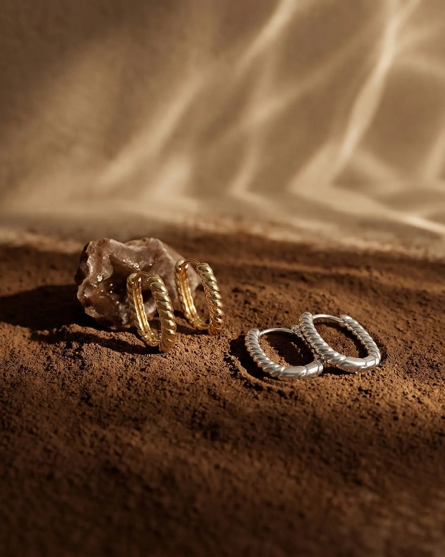 closeup-side-view-model-wearing-gold-mimi-beaded-hoops, glowing-elegant-daily-wear-gold-jewelry-europe, luxury-women-professional-jewelry, feminine-architectural-statement-hoops