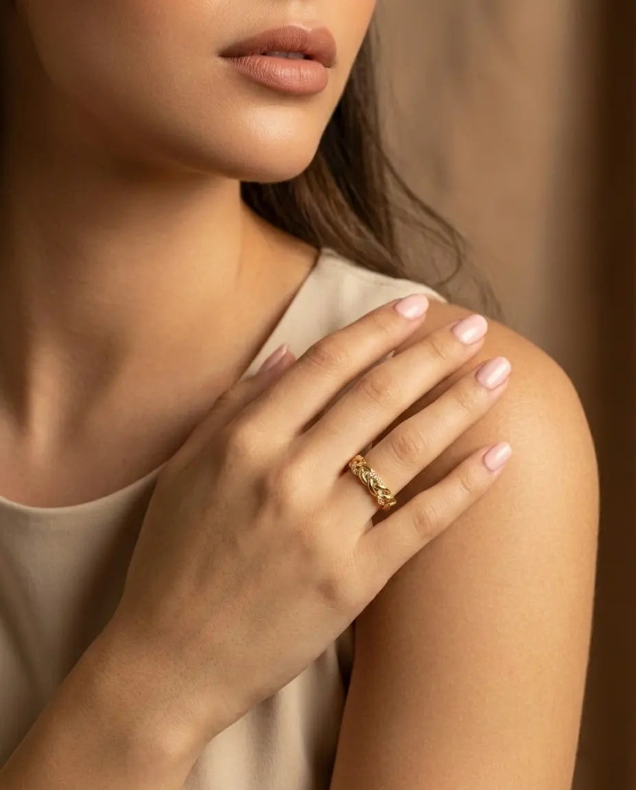 model-wearing-gold-avalon-bold-band-lifestyle, elegant-understated-everyday-luxury-jewelry, professional-women-minimalist-accessories, chic-gold-chunky-ring-photography, luxury-lifestyle-brand-model