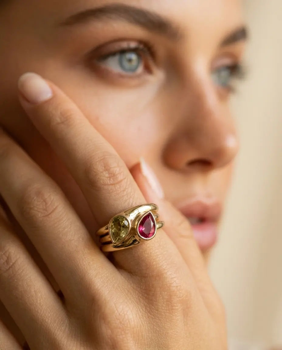 model-wearing-gold-katrina-dual-stone-ring-lifestyle, elegant-bold-feminine-jewelry-on-hand, professional-women-luxury-accessories, chic-gemstone-gold-styling, luxury-lifestyle-brand-model