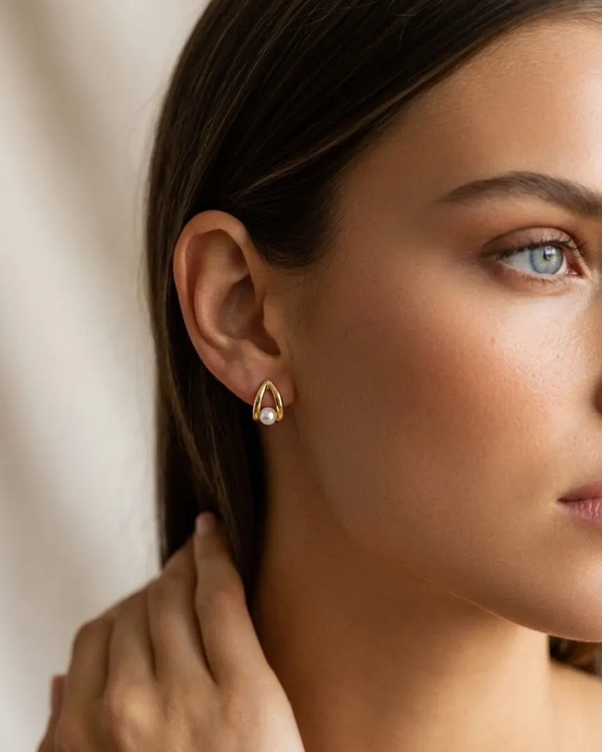 model-wearing-gold-lace-pearl-triangle-earrings-lifestyle, elegant-modern-feminine-jewelry-on-ear, professional-women-luxury-accessories, chic-geometric-pearl-styling, luxury-lifestyle-brand-model