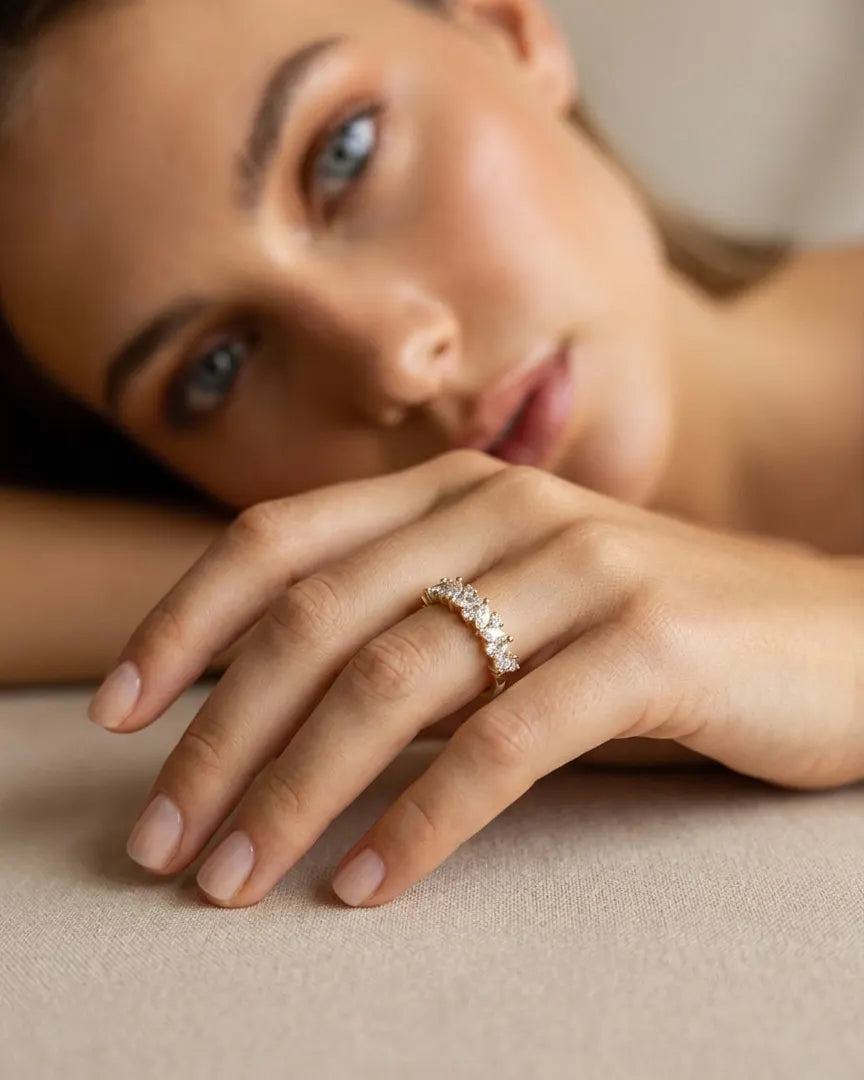 model-wearing-silver-castel-marquise-ring-lifestyle, elegant-modern-feminine-jewelry-on-hand, professional-women-luxury-accessories, chic-pavé-silver-styling, luxury-lifestyle-brand-model
