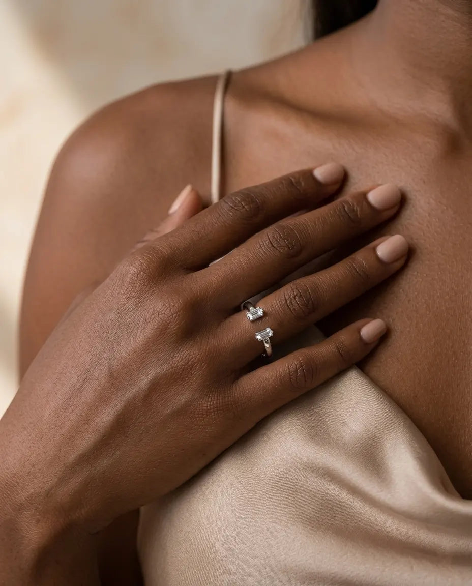 model-wearing-silver-spring-open-ring-on-hand, elegant-minimalist-stacking-jewelry-lifestyle, professional-women-luxury-accessories, chic-geometric-silver-ring-photography, luxury-lifestyle-brand-model
