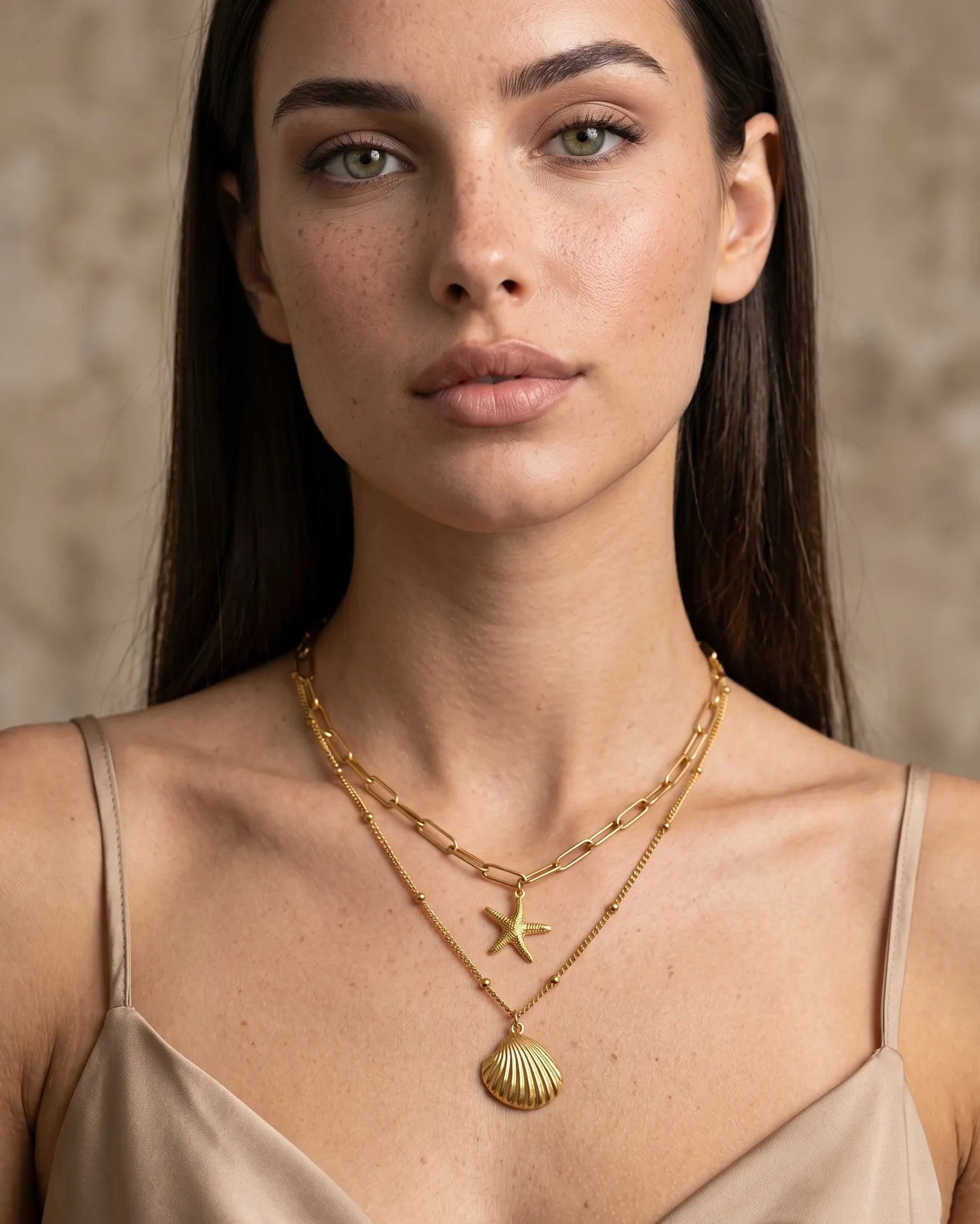 model-wearing-sunae-layered-gold-necklace-showcasing-delicate-coastal-charms-and-perfect-neckline-fit-minimalist-styling