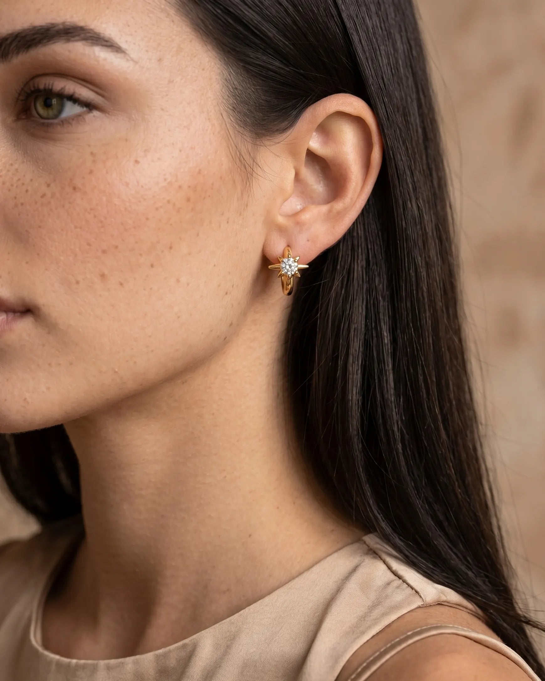 model-wearing-the-elanor-star-huggie-hoops-showcasing-sophisticated-minimalist-ear-stacking