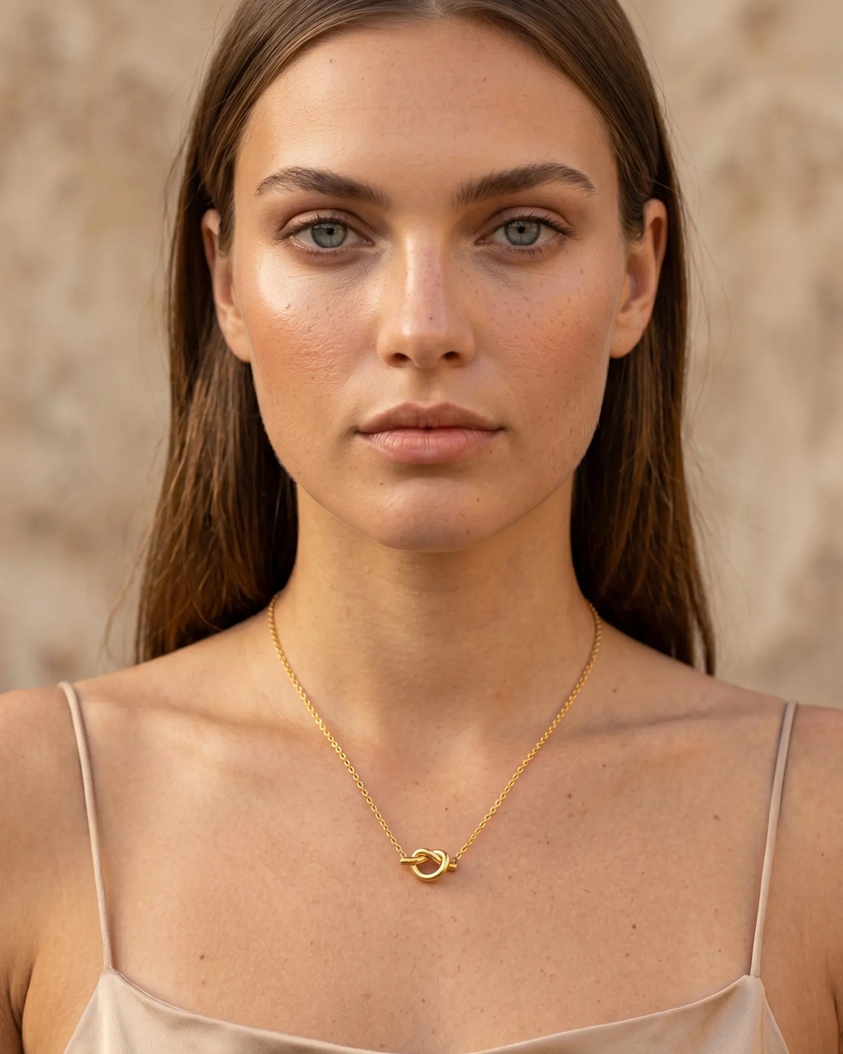 nerissa-knot-necklace-worn-by-model-minimalist-styling-idea-for-modern-layered-jewelry-looks