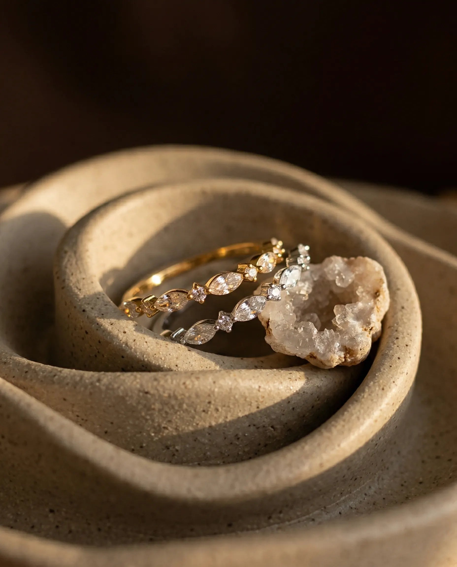 timeless-minimalist-aesthetic-prism-sparkling-eternity-ring, 18k-gold-plating-finish-detail-stacking-band, gift-ideas-for-women-elegant-gold-jewelry, luxury-boutique-jewelry-netherlands, artistic-jewelry-flatlay-photography