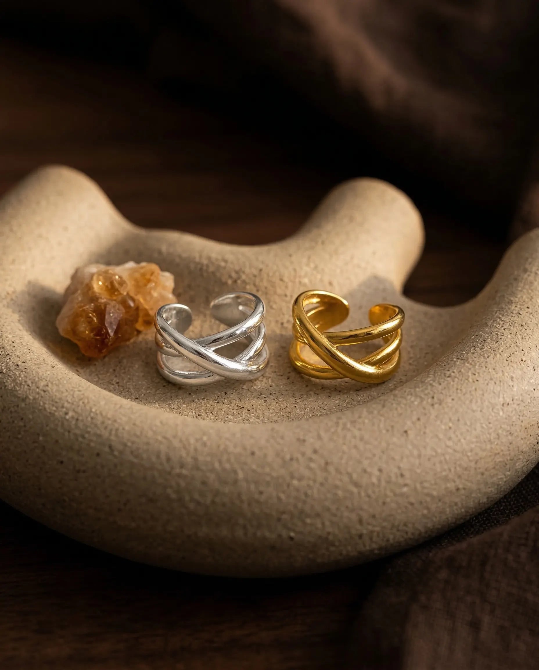 timeless-modern-aesthetic-criss-cross-pave-band-gold-silver, 18k-gold-vermeil-finish-detail-miami-ring, gift-ideas-for-women-elegant-statement-jewelry, luxury-boutique-jewelry-netherlands, artistic-jewelry-flatlay-photography