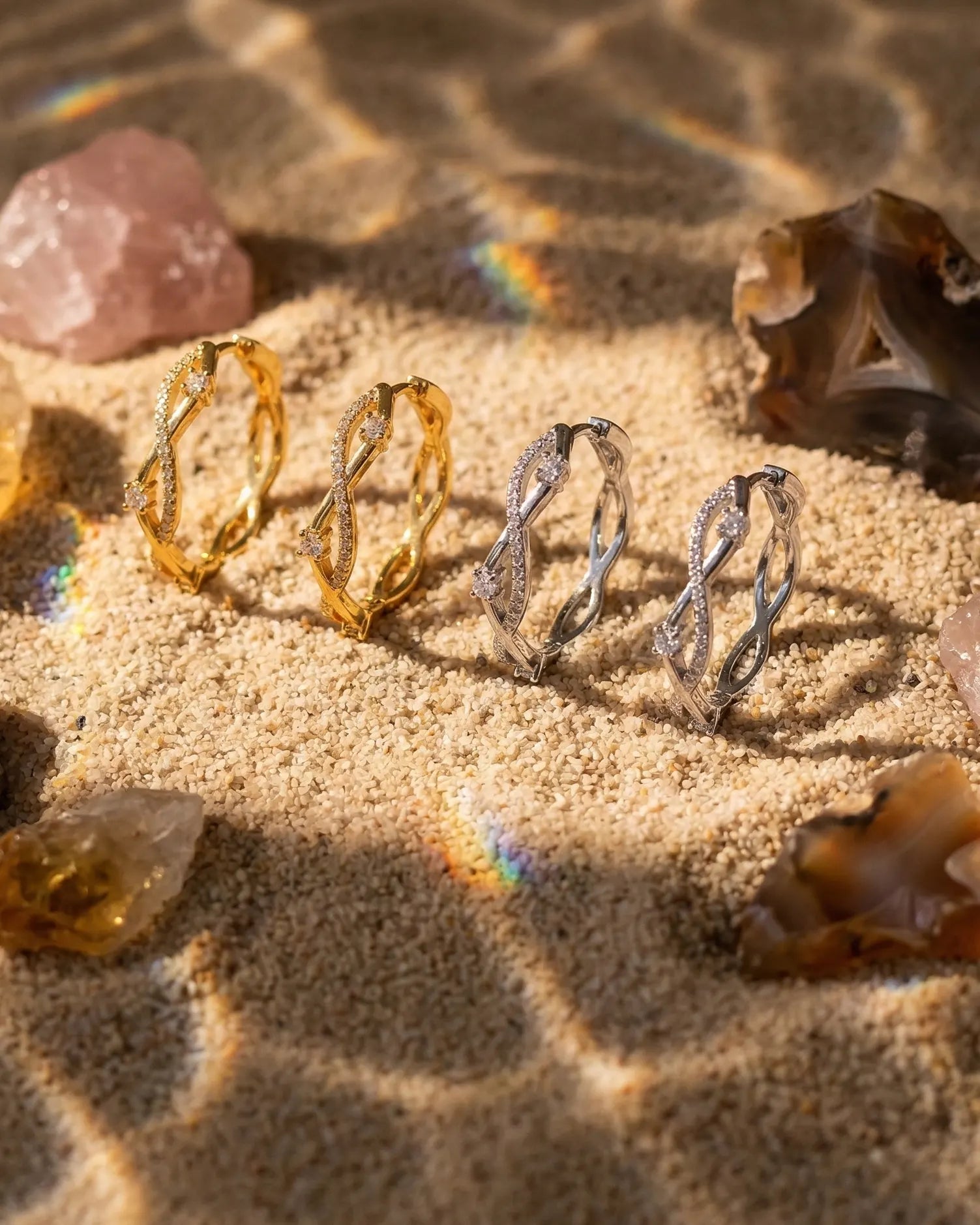 timeless-sculptural-aesthetic-maddie-pave-hoops-gold-silver, 18k-gold-vermeil-finish-detail-twisted-earrings, gift-ideas-for-women-sparkling-infinity-jewelry, luxury-boutique-jewelry-netherlands, artistic-jewelry-flatlay-photography