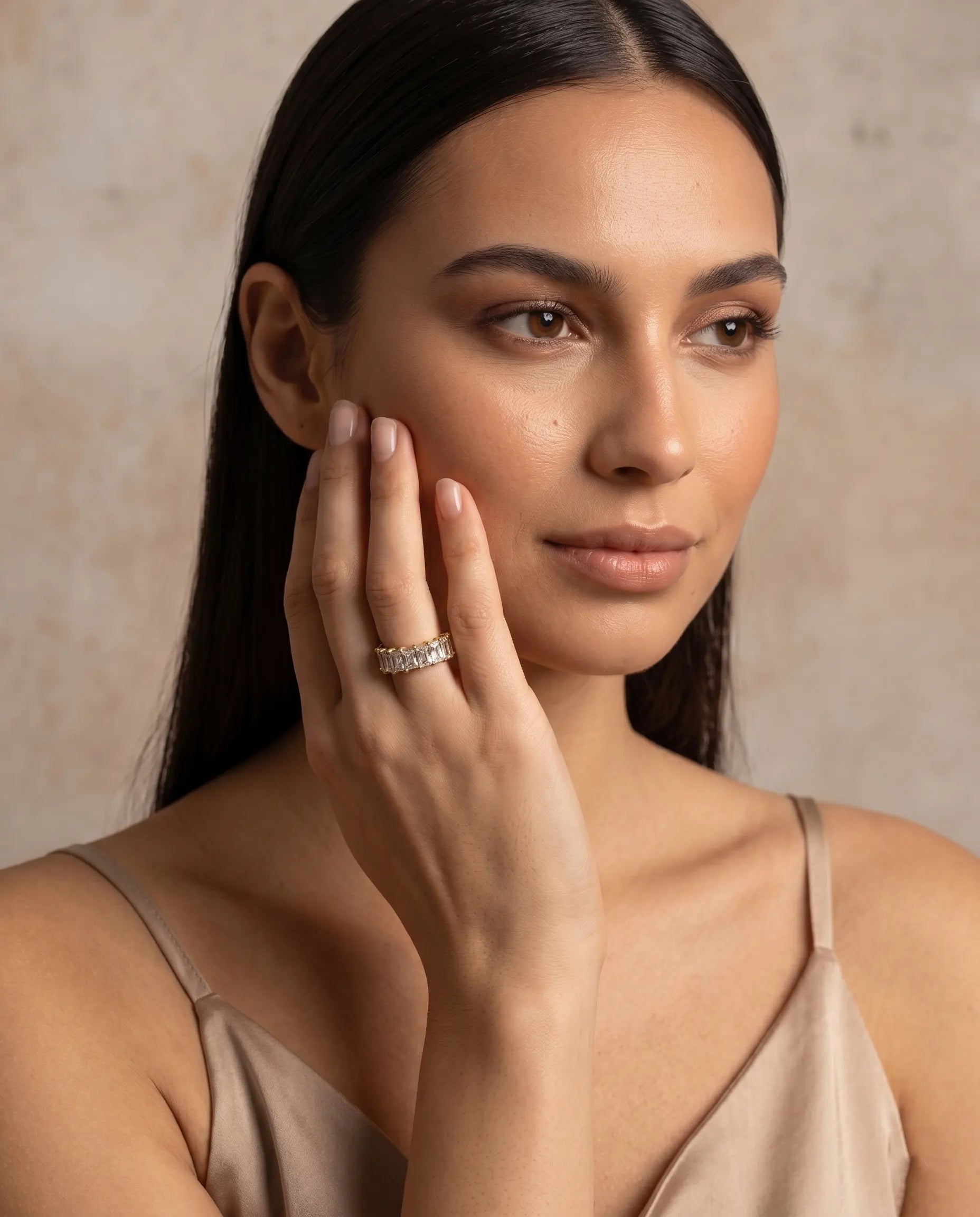 versatile-daily-wear-baguette-eternity-ring, effortless-elegance-jewelry-style, minimalist-accessories-for-evening-wear, classy-gold-pvd-ring-lifestyle, senya-jewelry-laylin-collection