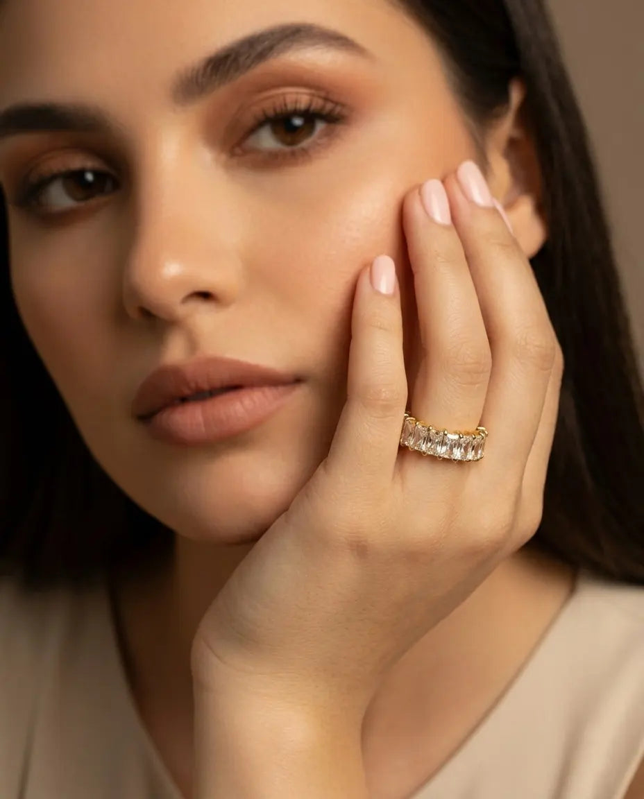 versatile-daily-wear-baguette-eternity-ring, effortless-elegance-jewelry-style, minimalist-accessories-for-evening-wear, classy-gold-pvd-ring-lifestyle, senya-jewelry-laylin-collection