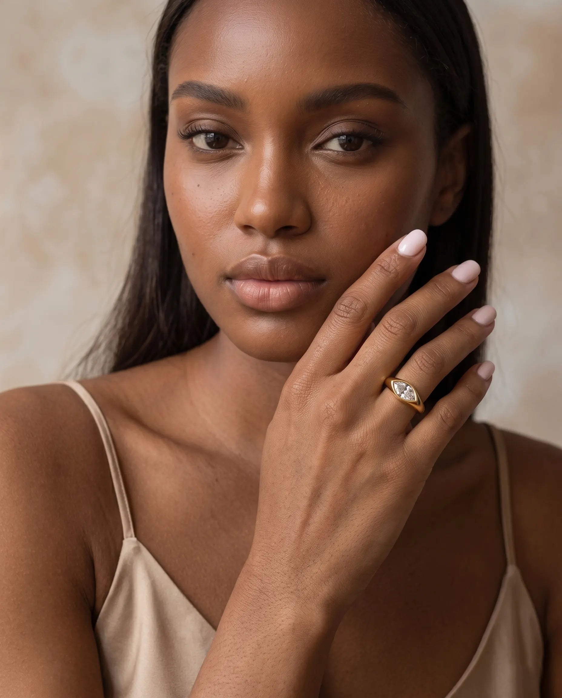 versatile-daily-wear-gold-selah-statement-ring, effortless-strength-jewelry-style, minimalist-accessories-for-refined-look, classy-gold-pvd-marquise-ring-lifestyle, senya-jewelry-selah-collection