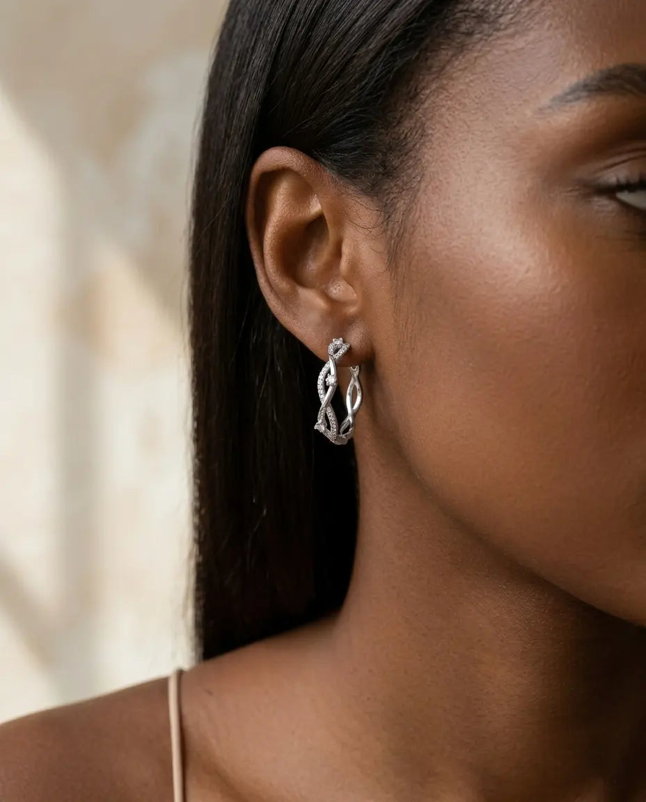 versatile-daily-wear-silver-maddie-statement-hoops, effortless-high-end-intertwined-style, minimalist-accessories-for-refined-look, classy-925-silver-infinity-earrings-lifestyle, senya-jewelry-maddie-collection