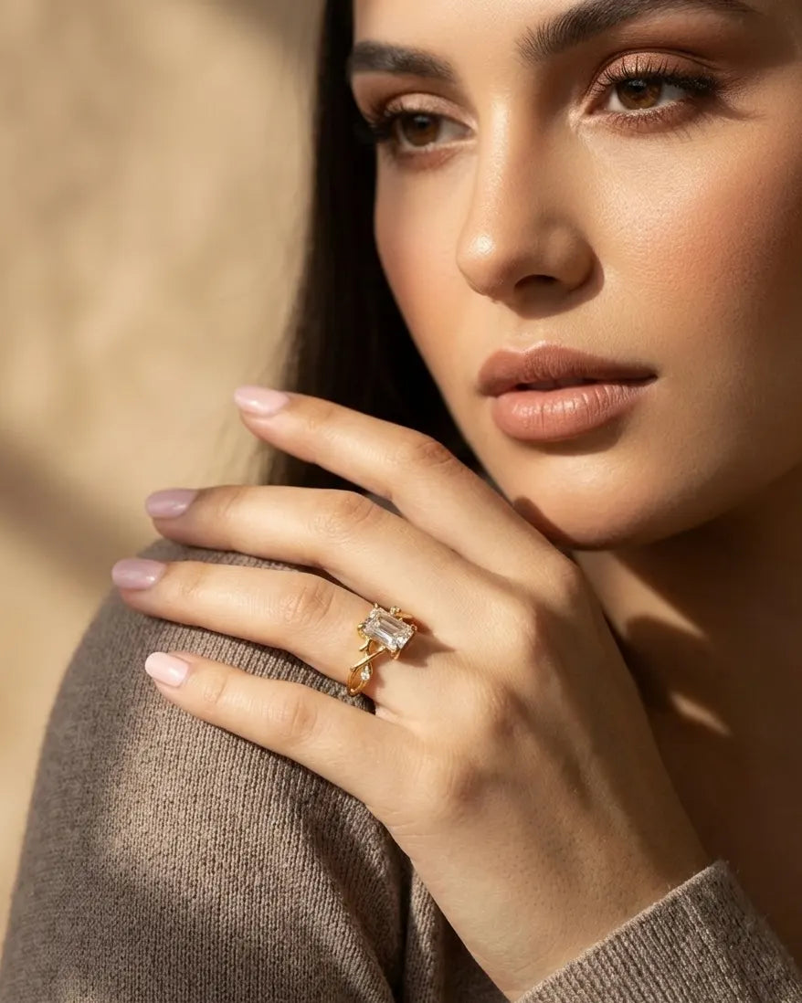 versatile-statement-wear-gold-hera-ring, effortless-strength-jewelry-style, minimalist-accessories-for-bold-look, classy-925-silver-emerald-cut-lifestyle, senya-jewelry-hera-collection