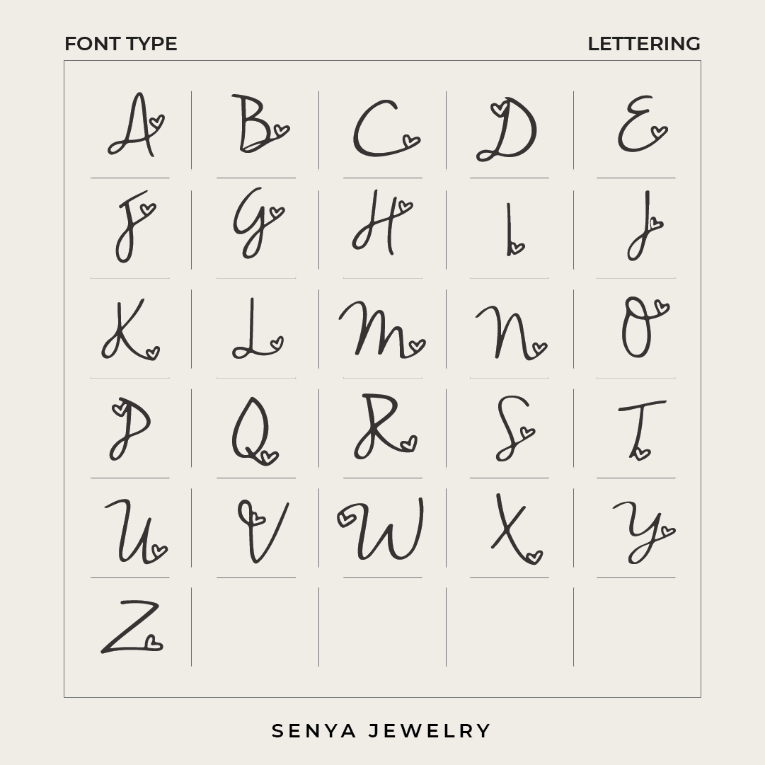 zahara-initial-necklace-alphabet-font-chart, elegant-script-lettering-with-heart-detail, custom-monogram-jewelry-font-guide, senya-jewelry-personalized-options, calligraphy-initial-necklace-design-europe